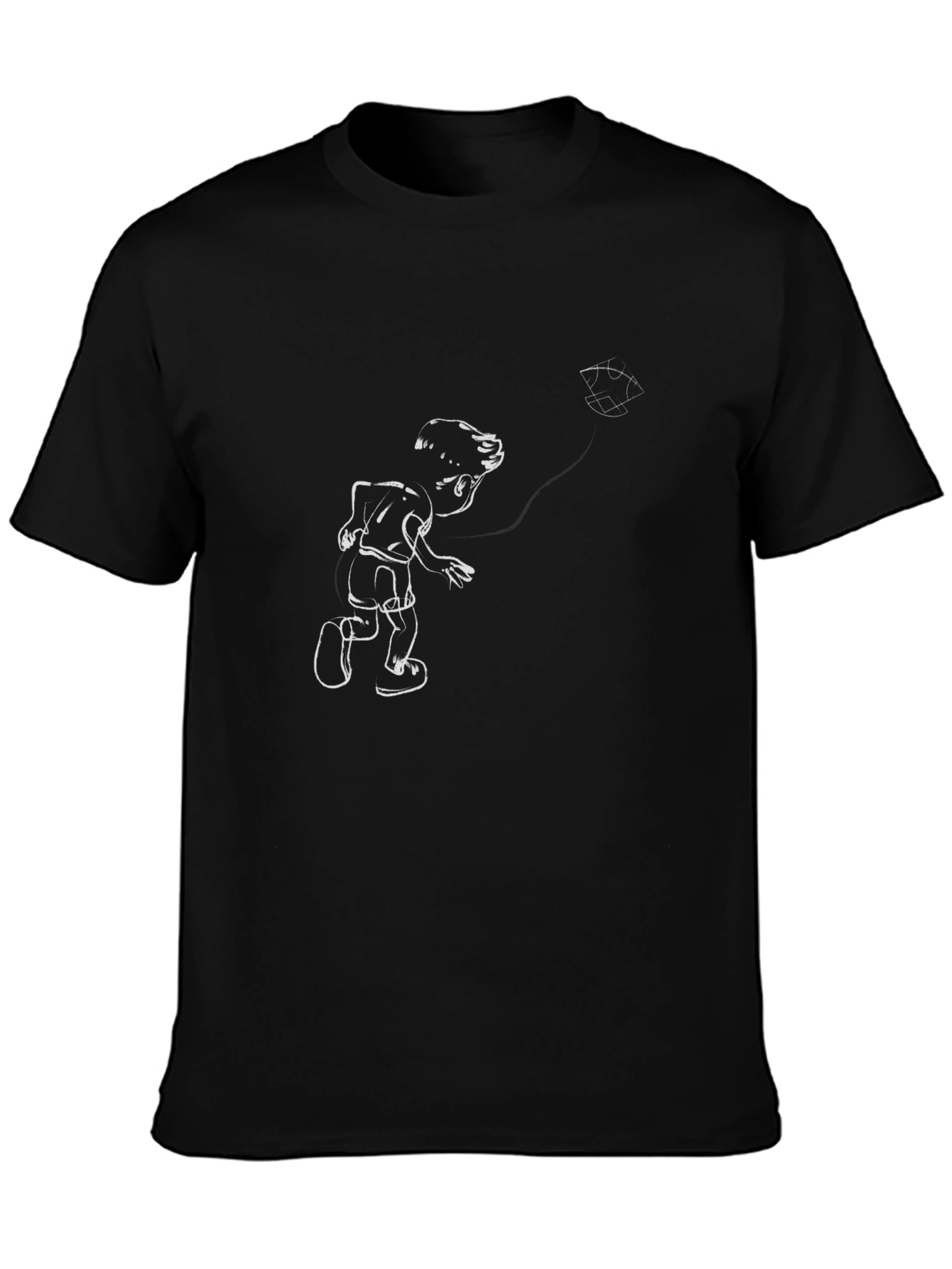 Cartoon Boy Kite Graphic Tee - Classic Black T-Shirt