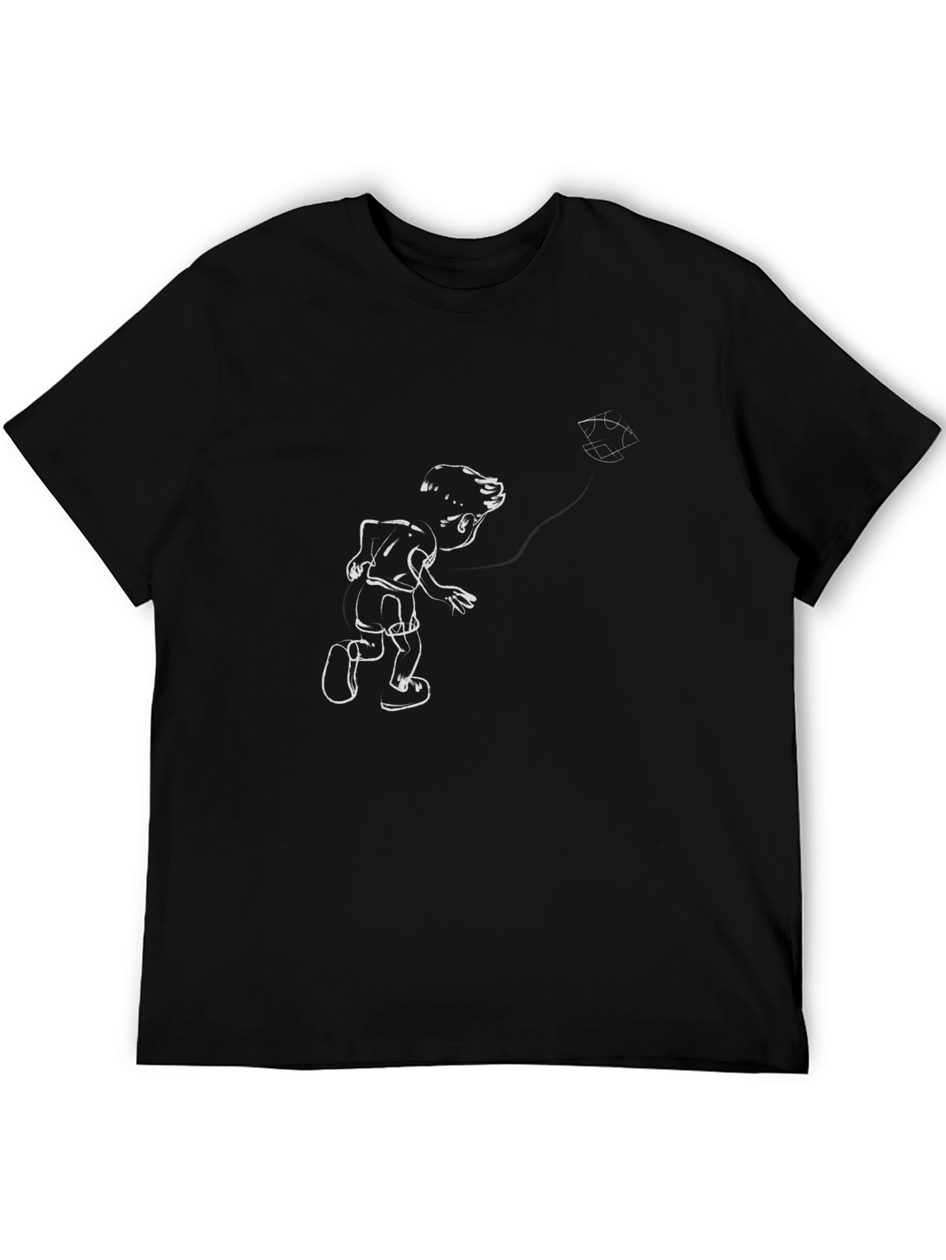 Cartoon Boy Kite Graphic Tee - Classic Black T-Shirt