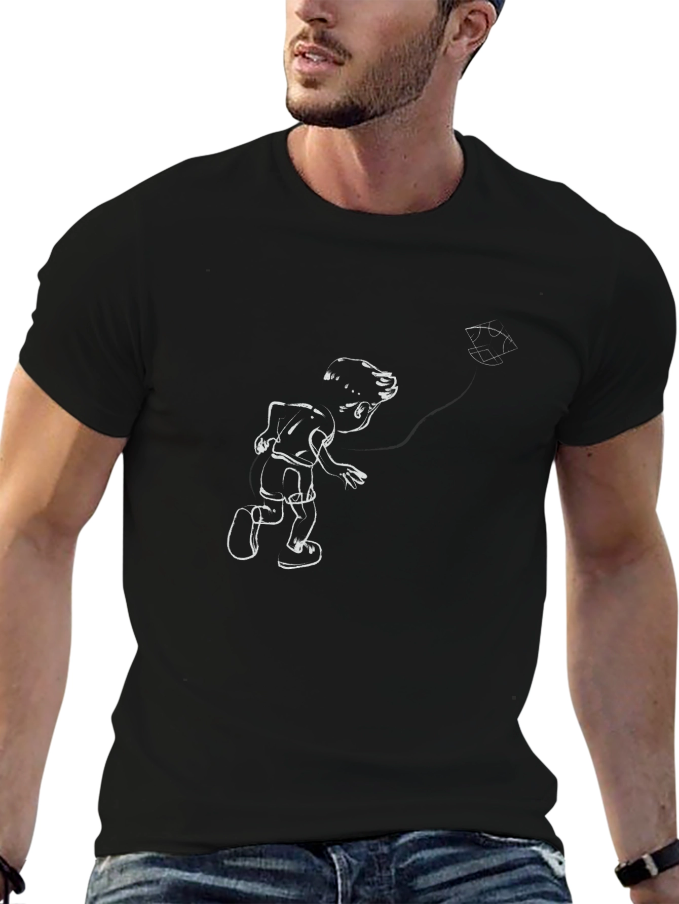Cartoon Boy Kite Graphic Tee - Classic Black T-Shirt