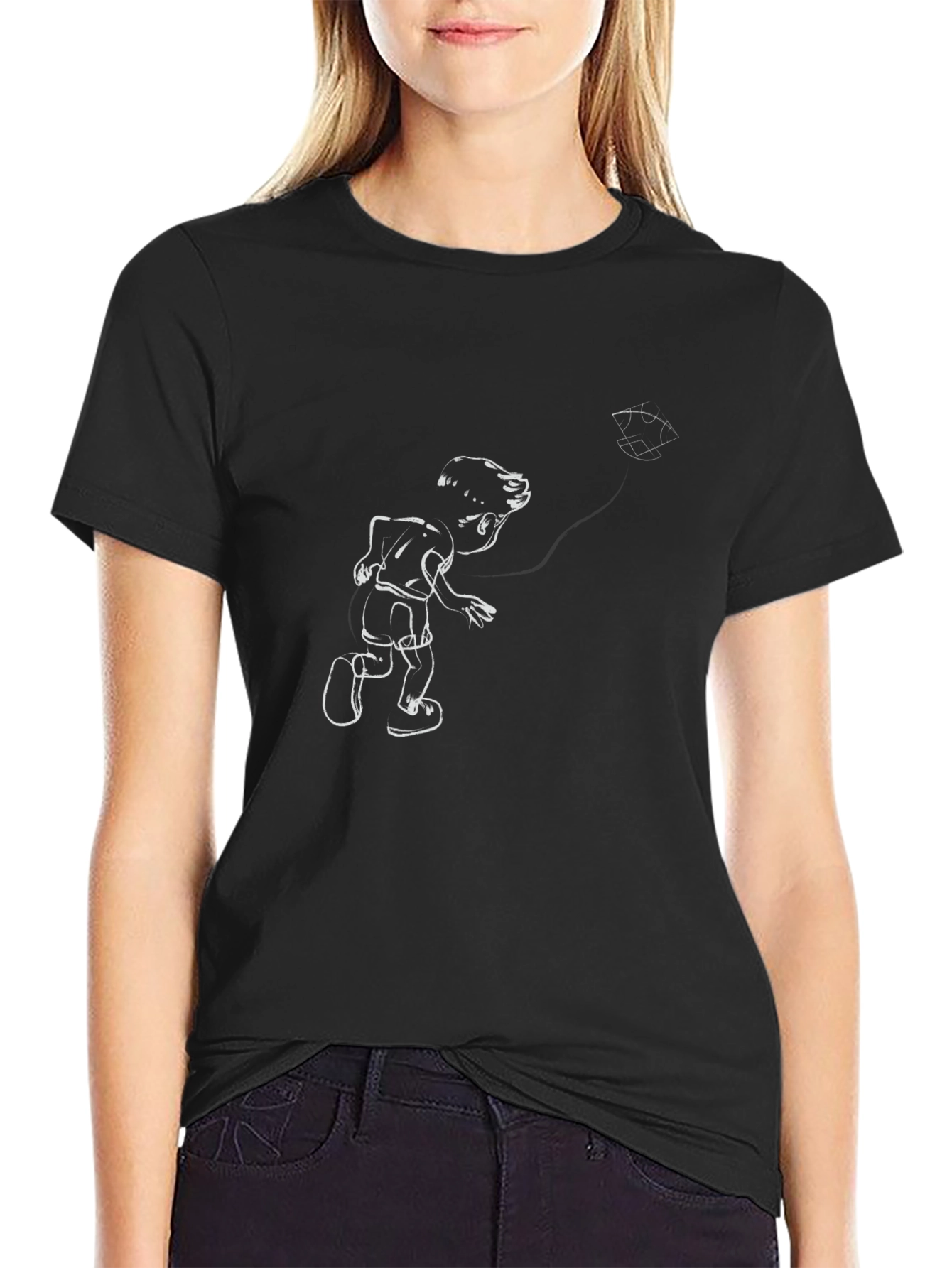 Cartoon Boy Kite Graphic Tee - Classic Black T-Shirt