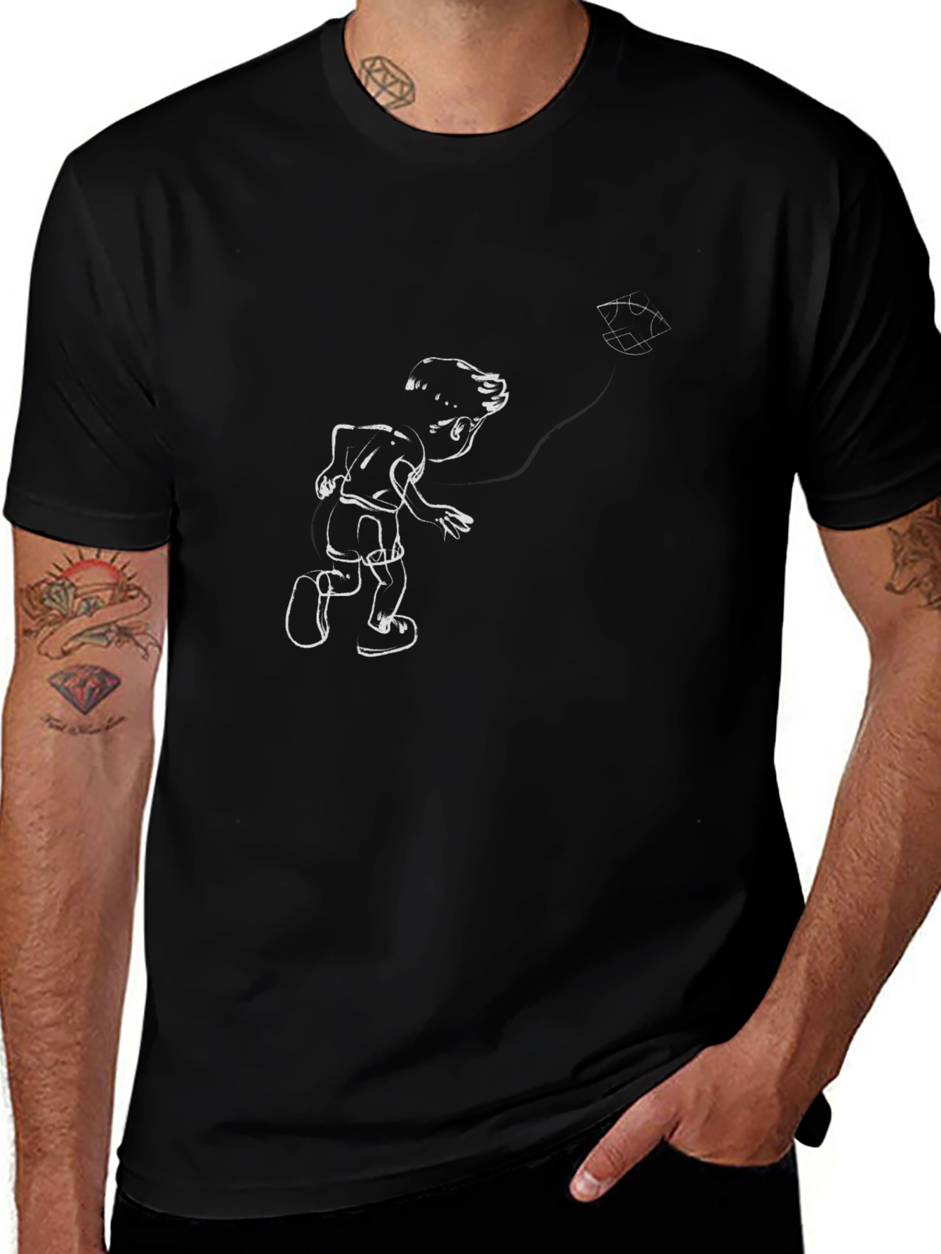 Cartoon Boy Kite Graphic Tee - Classic Black T-Shirt