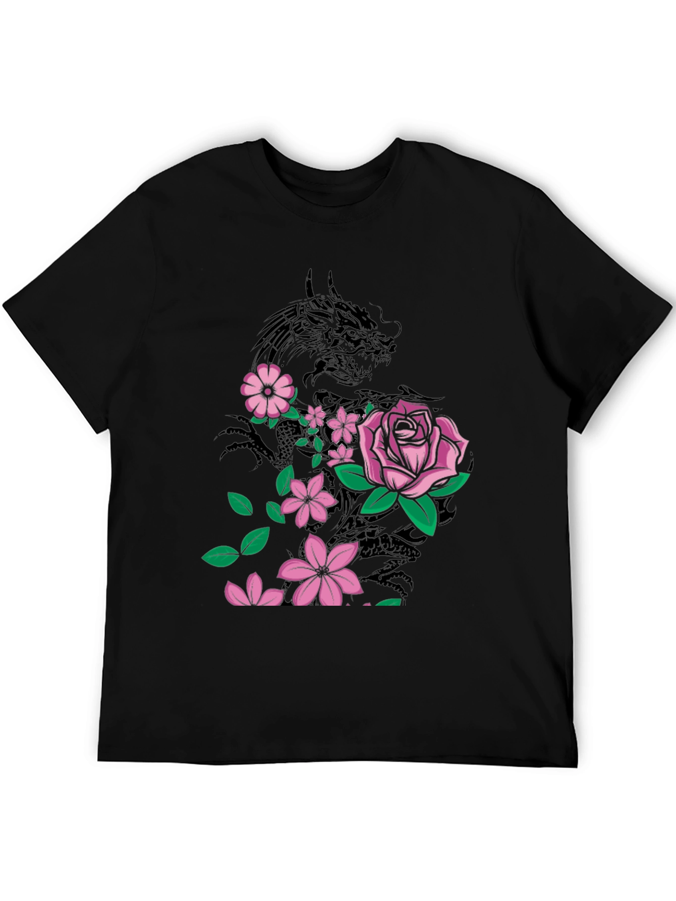 Dragon & Flowers Graphic T-Shirt - Black