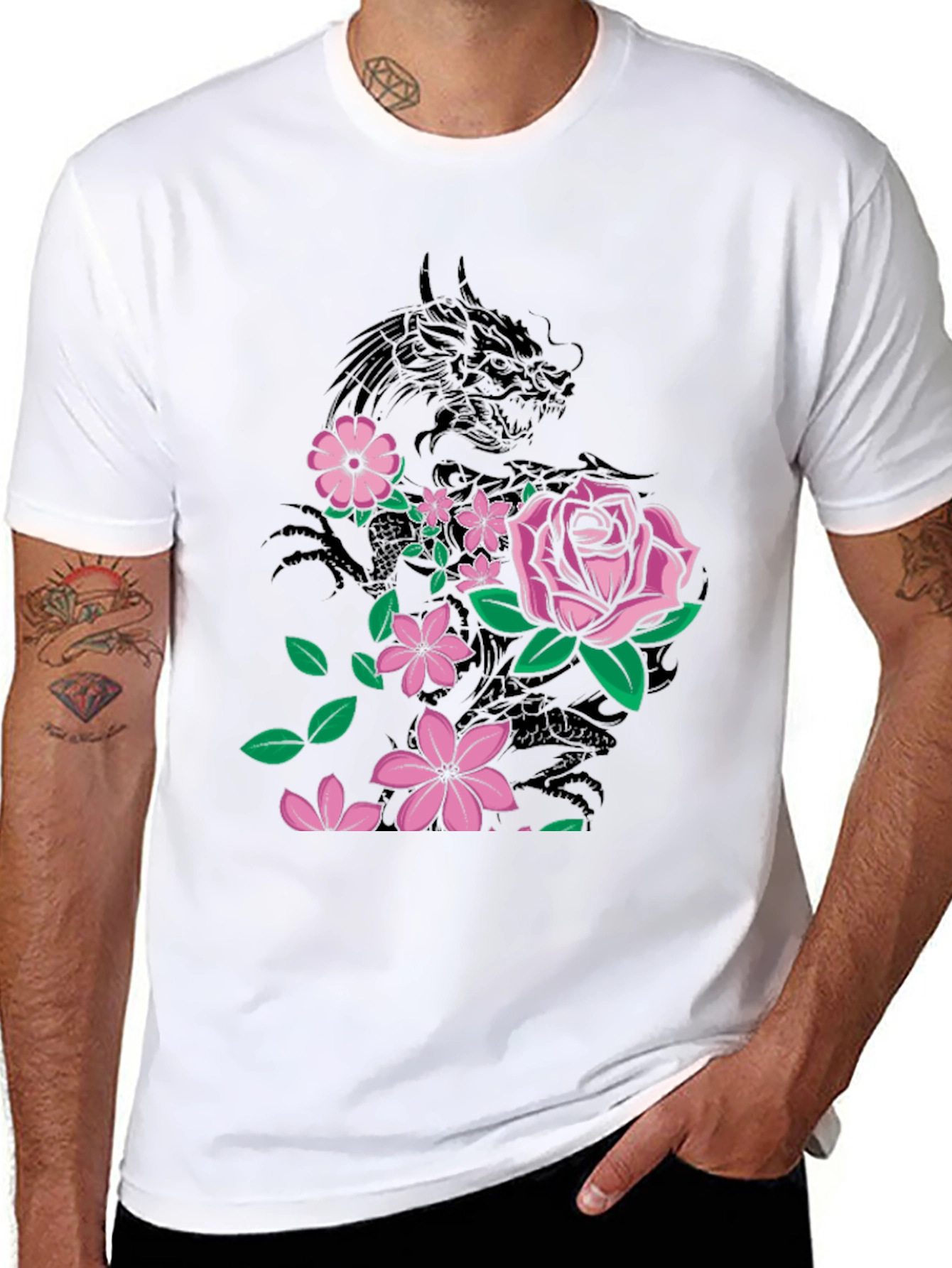 Dragon & Flowers Graphic T-Shirt - Black
