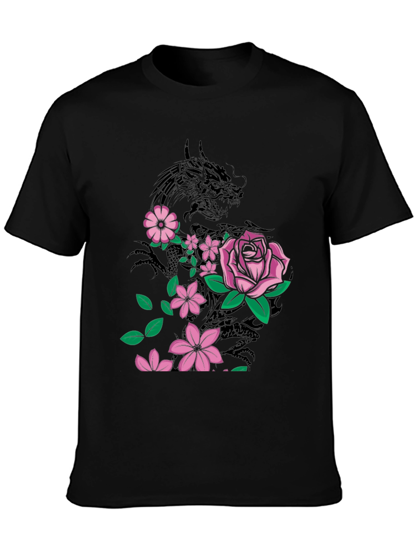 Dragon & Flowers Graphic T-Shirt - Black