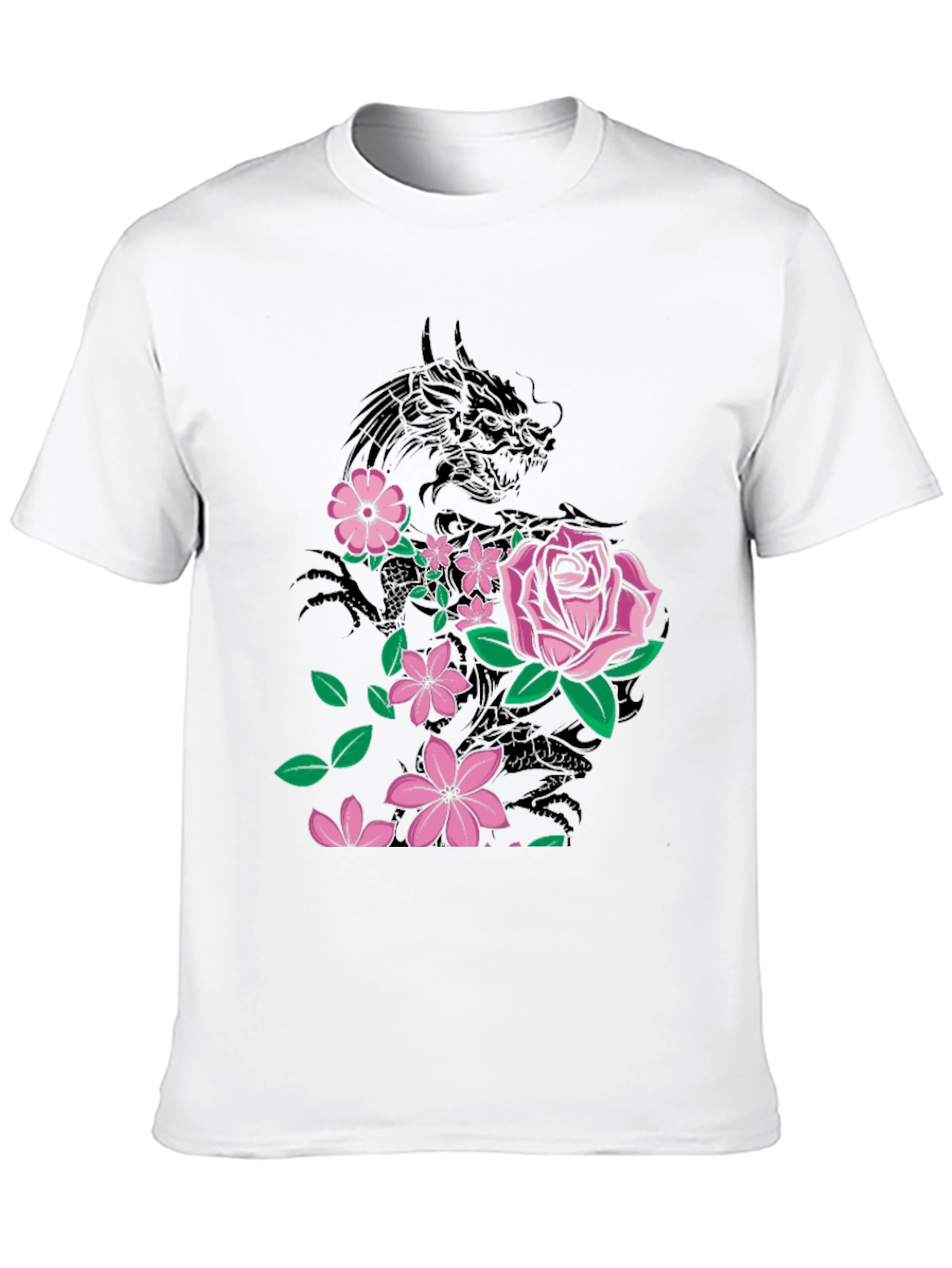 Dragon & Flowers Graphic T-Shirt - Black