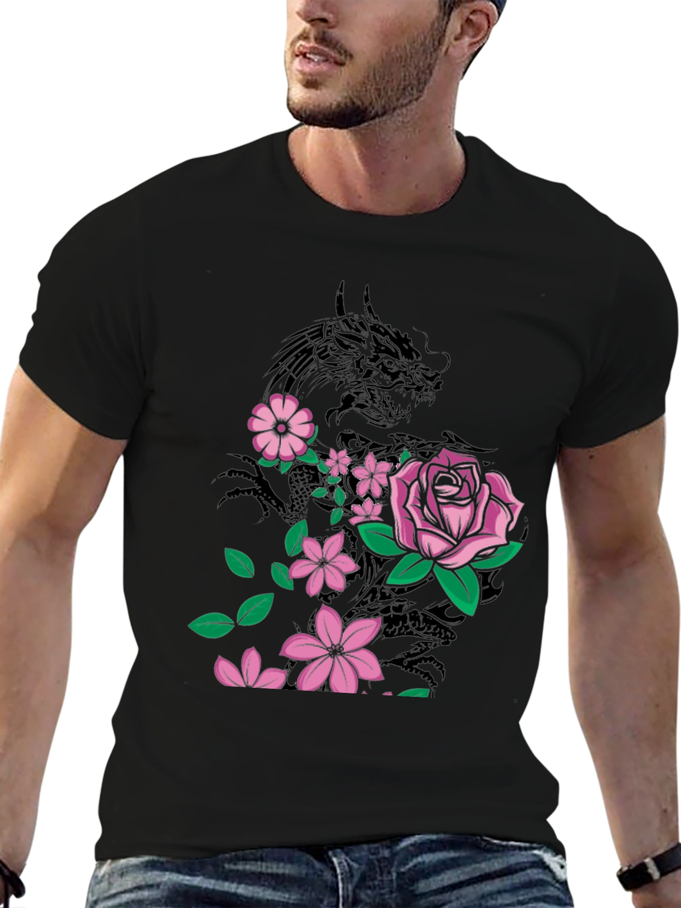 Dragon & Flowers Graphic T-Shirt - Black