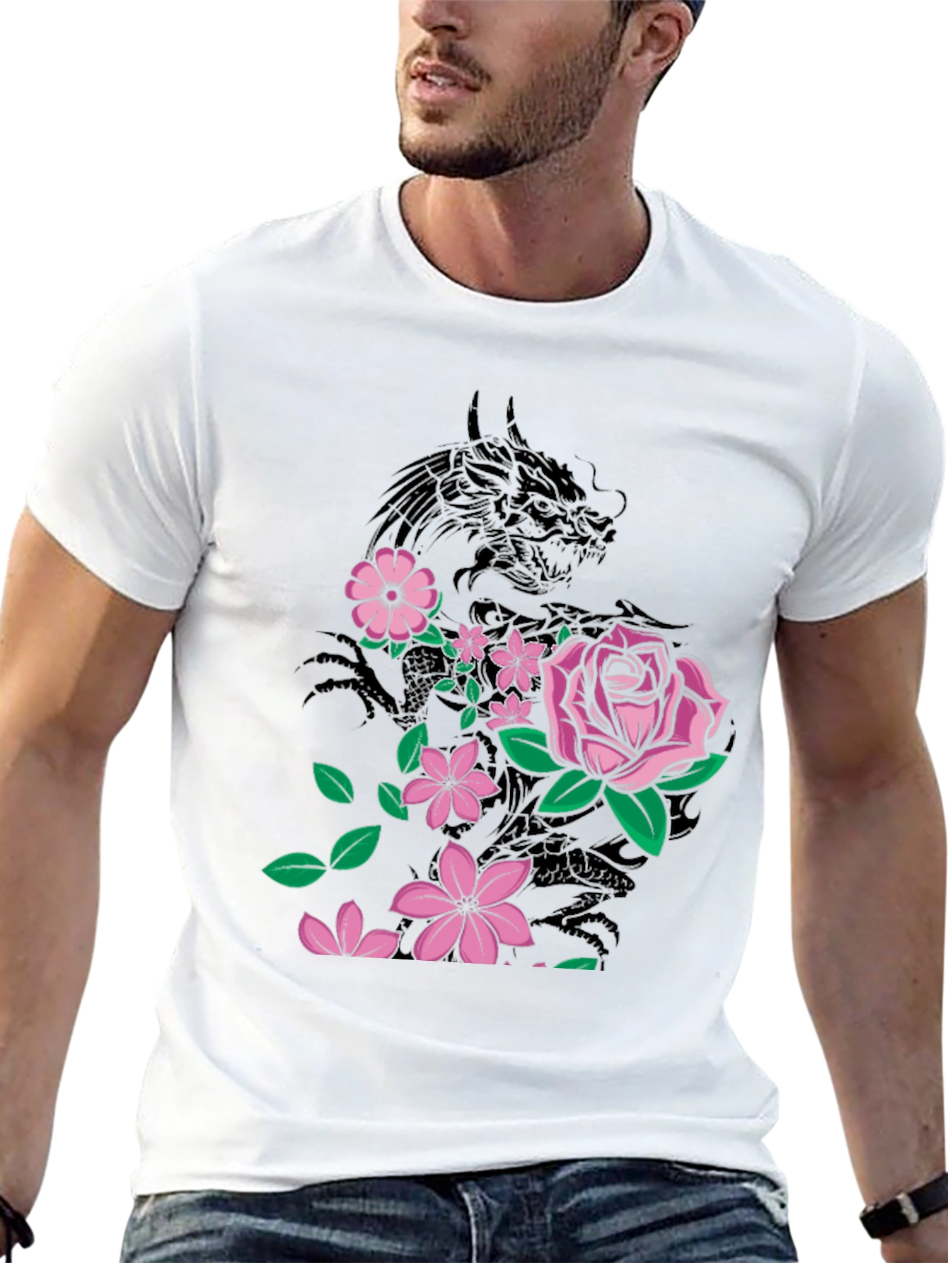 Dragon & Flowers Graphic T-Shirt - Black