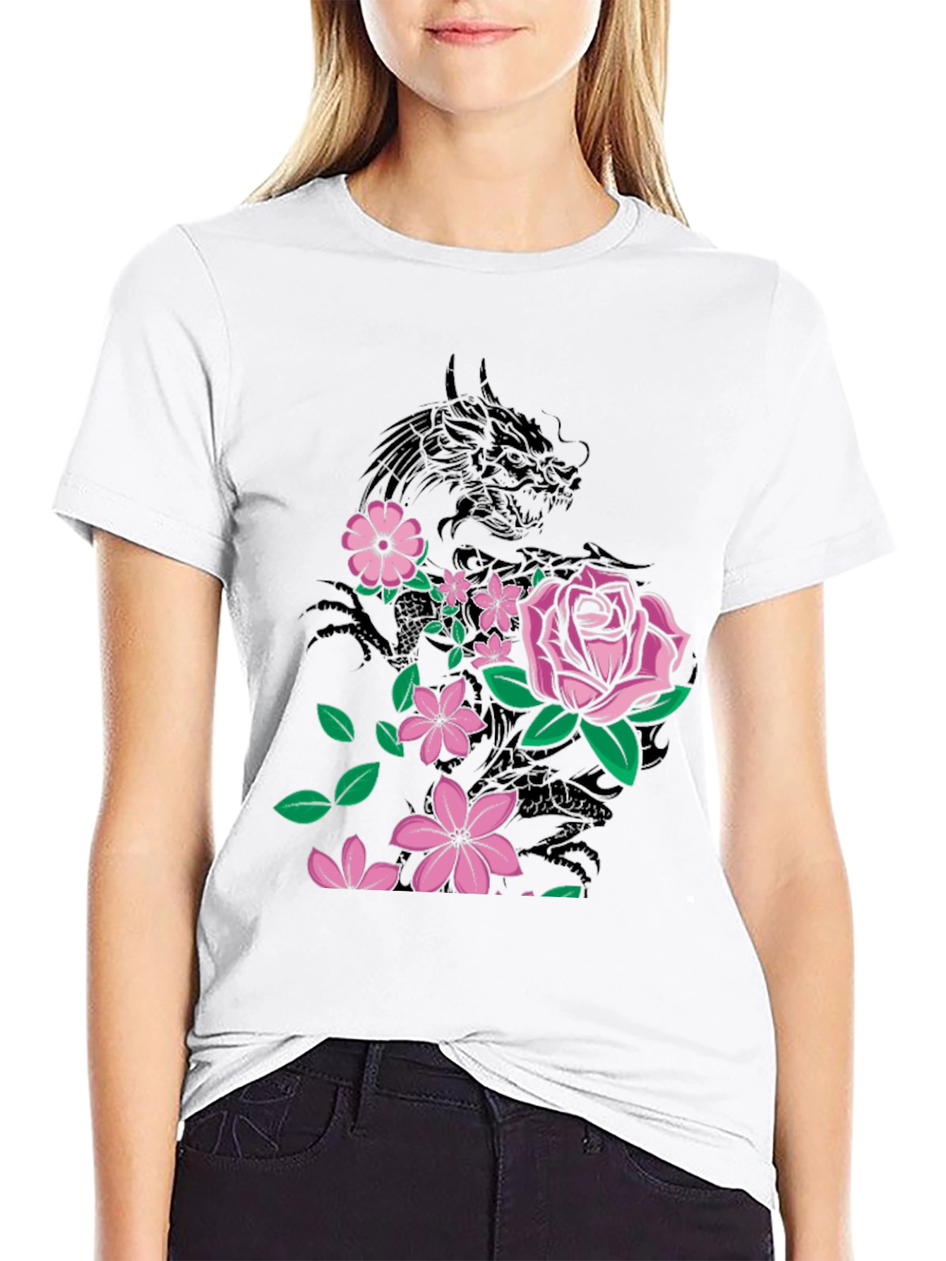 Dragon & Flowers Graphic T-Shirt - Black