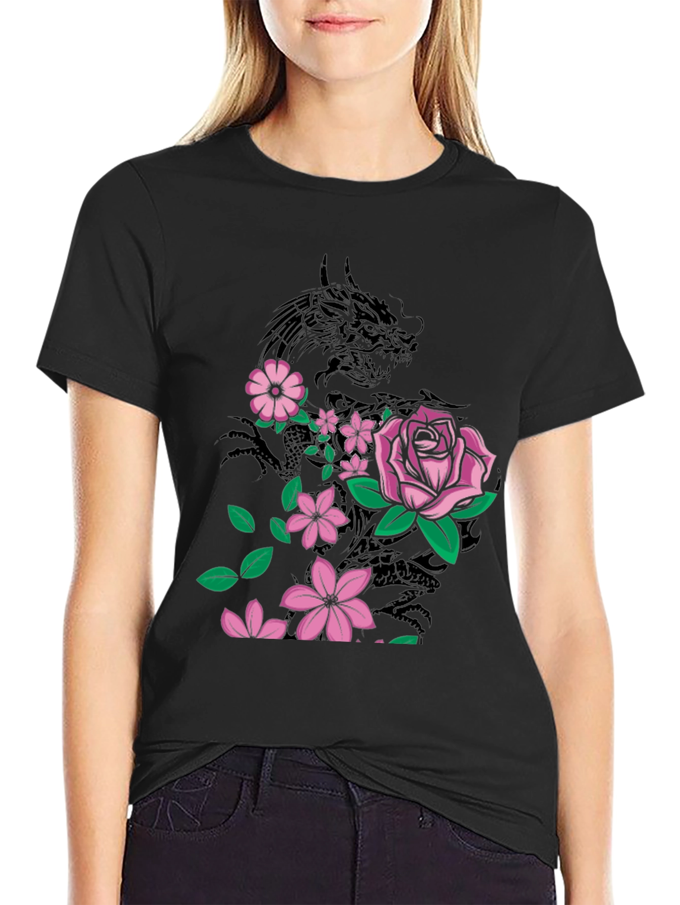 Dragon & Flowers Graphic T-Shirt - Black