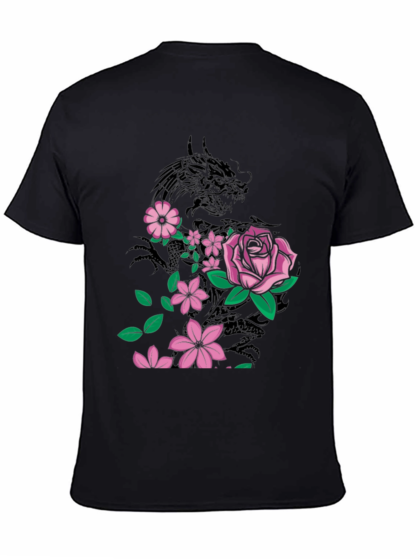 Dragon & Flowers Graphic T-Shirt - Black
