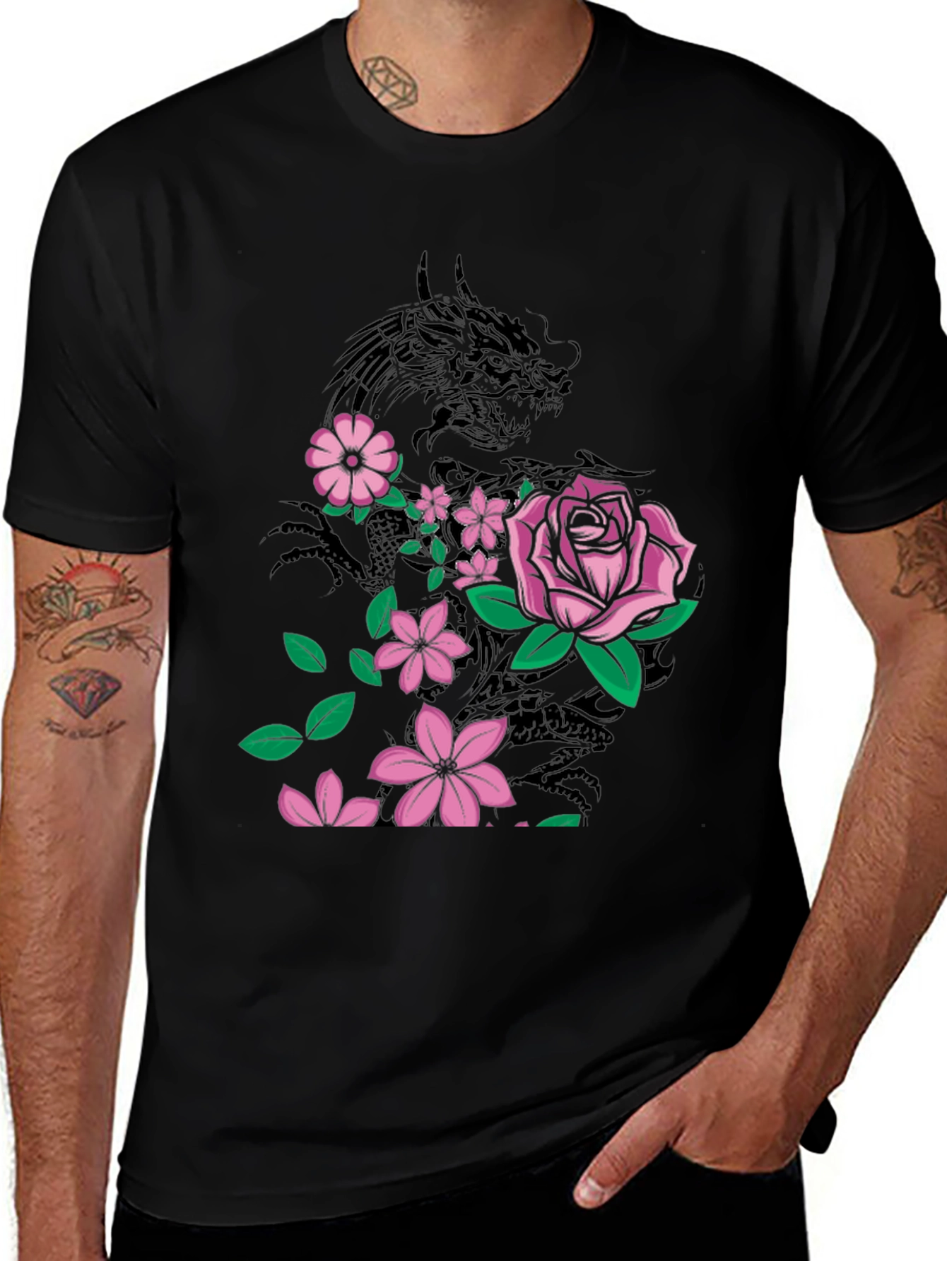 Dragon & Flowers Graphic T-Shirt - Black
