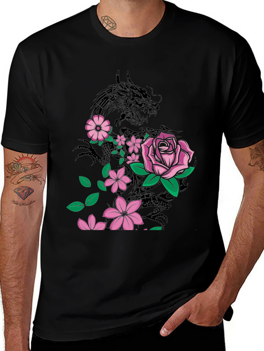 Dragon & Flowers Graphic T-Shirt - Black