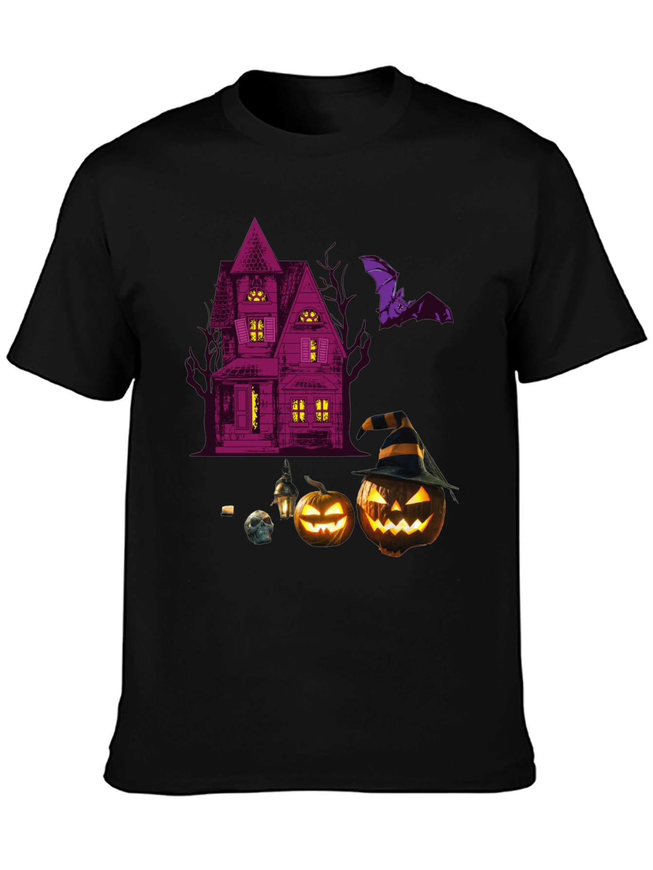 Spooky Halloween Graphic Tee - Haunted House & Pumpkins