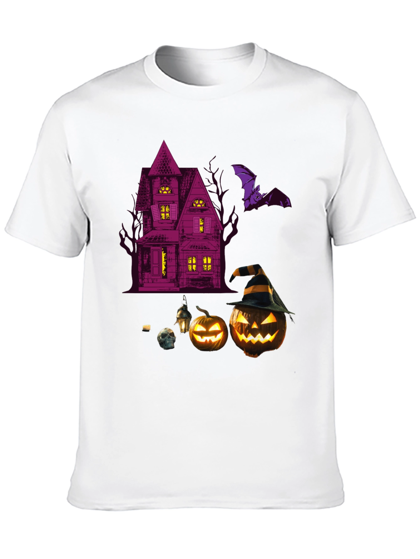 Spooky Halloween Graphic Tee - Haunted House & Pumpkins