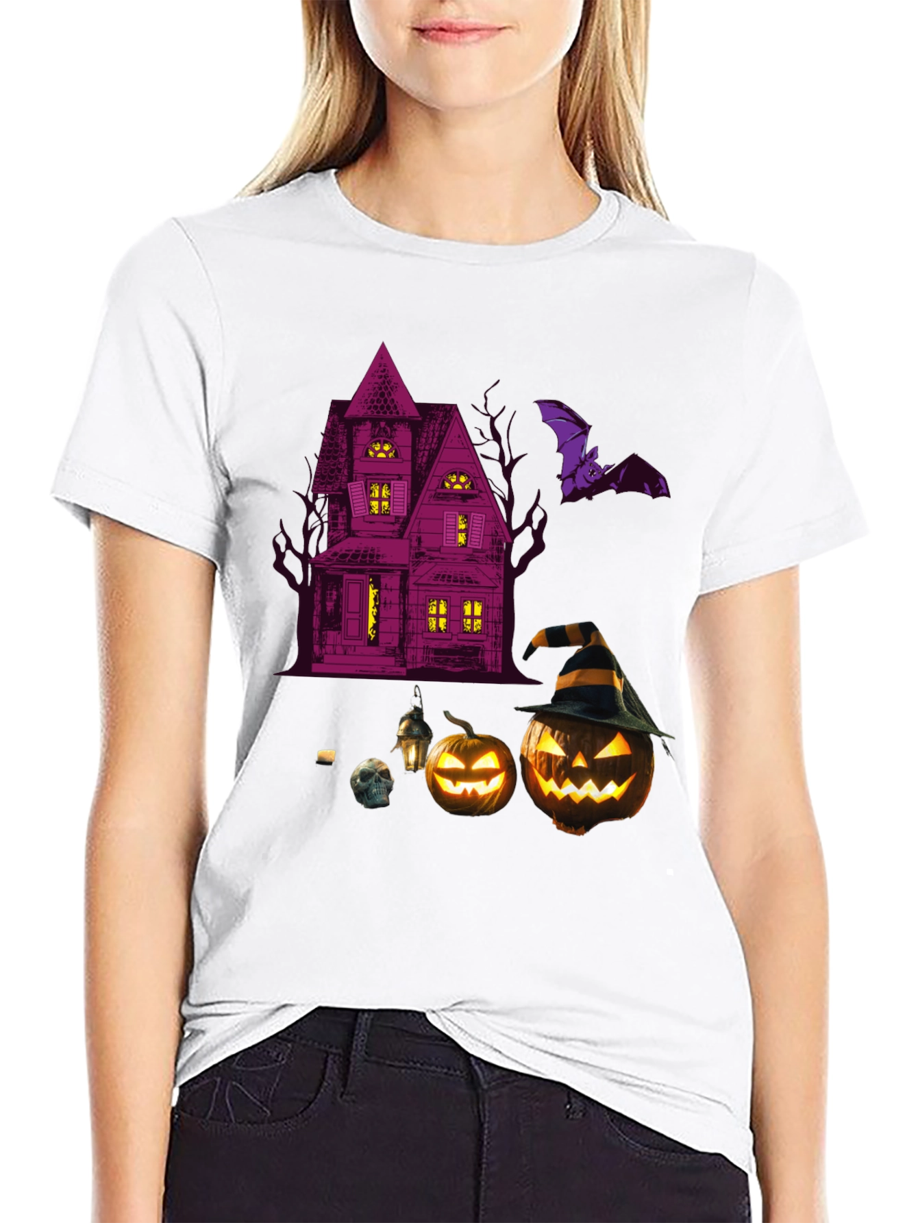 Spooky Halloween Graphic Tee - Haunted House & Pumpkins