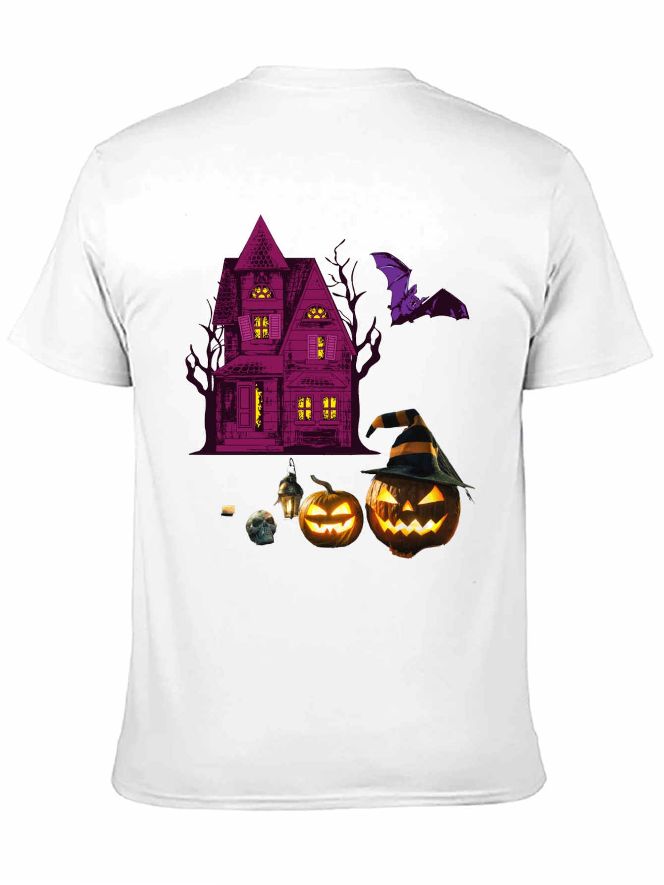 Spooky Halloween Graphic Tee - Haunted House & Pumpkins