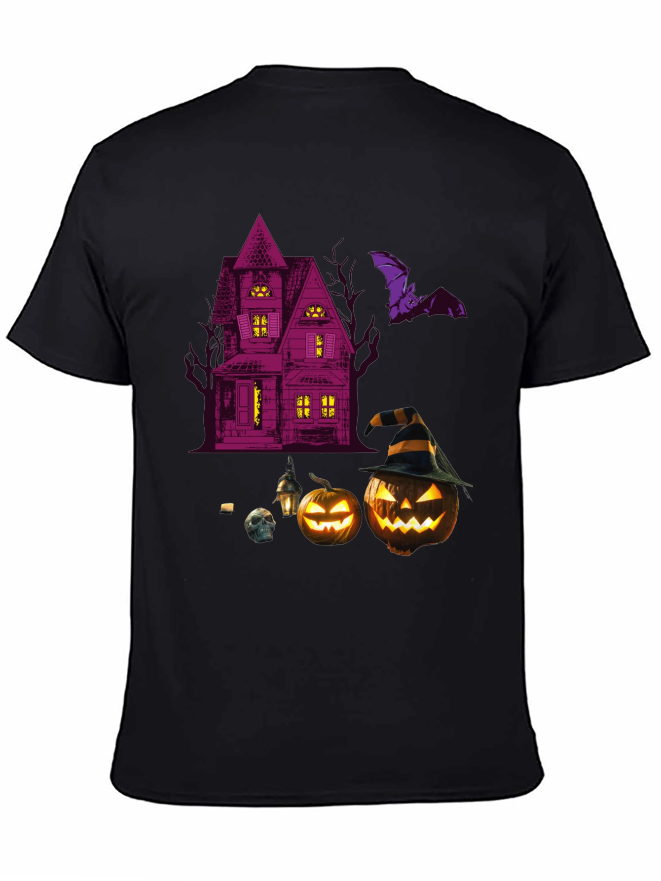 Spooky Halloween Graphic Tee - Haunted House & Pumpkins