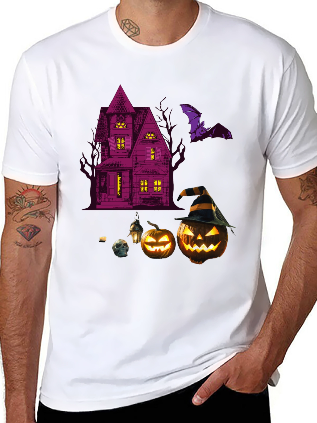Spooky Halloween Graphic Tee - Haunted House & Pumpkins