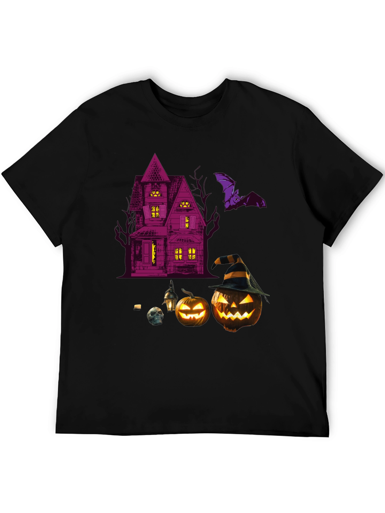 Spooky Halloween Graphic Tee - Haunted House & Pumpkins