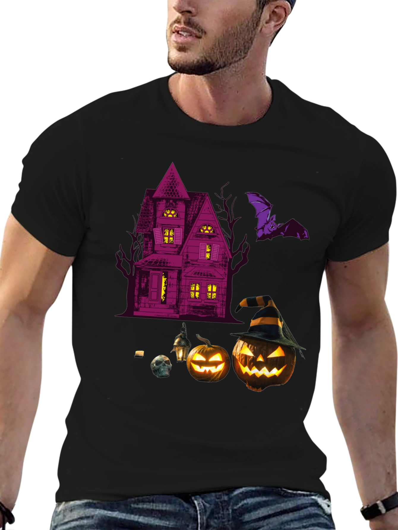 Spooky Halloween Graphic Tee - Haunted House & Pumpkins