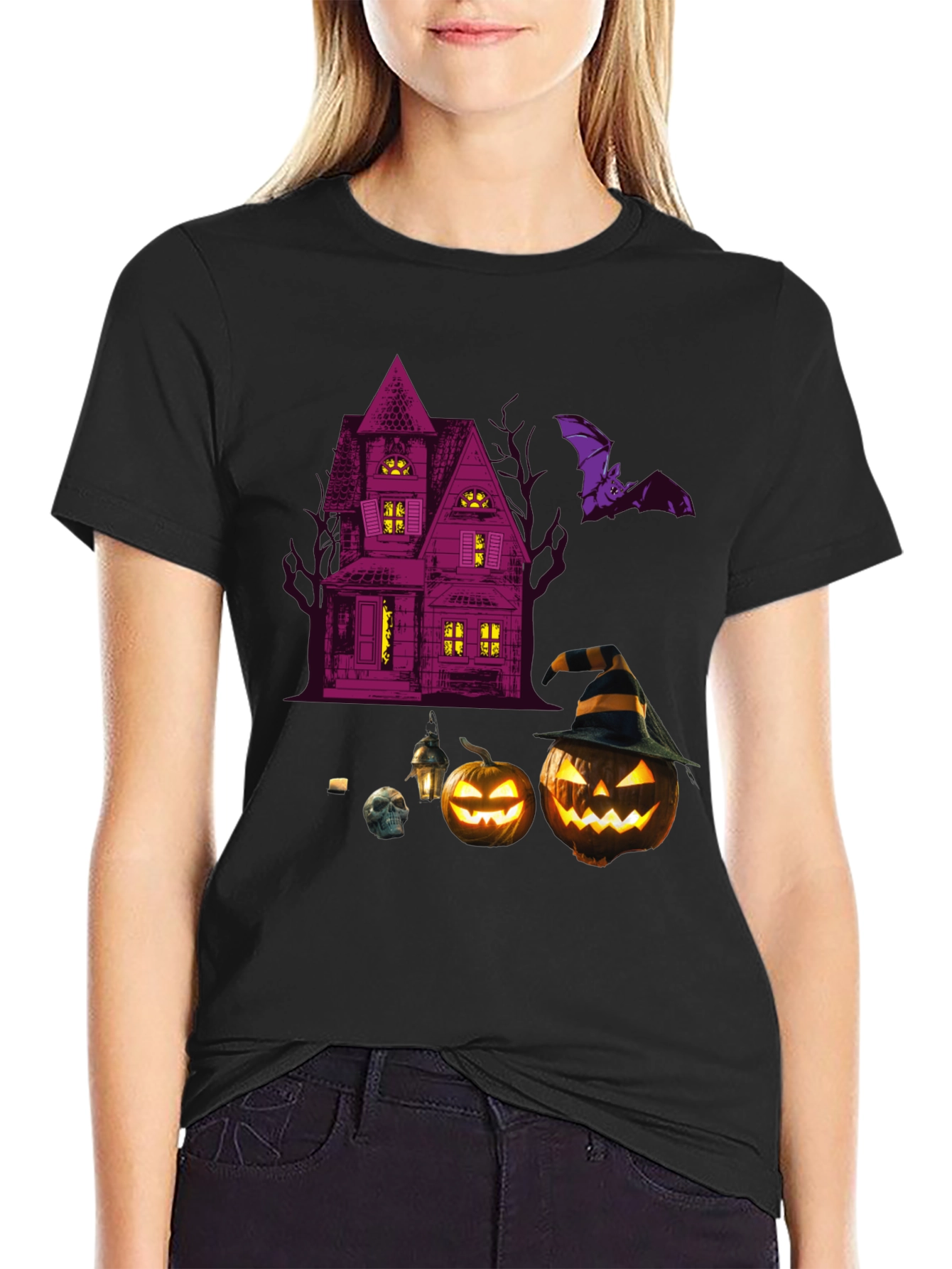 Spooky Halloween Graphic Tee - Haunted House & Pumpkins