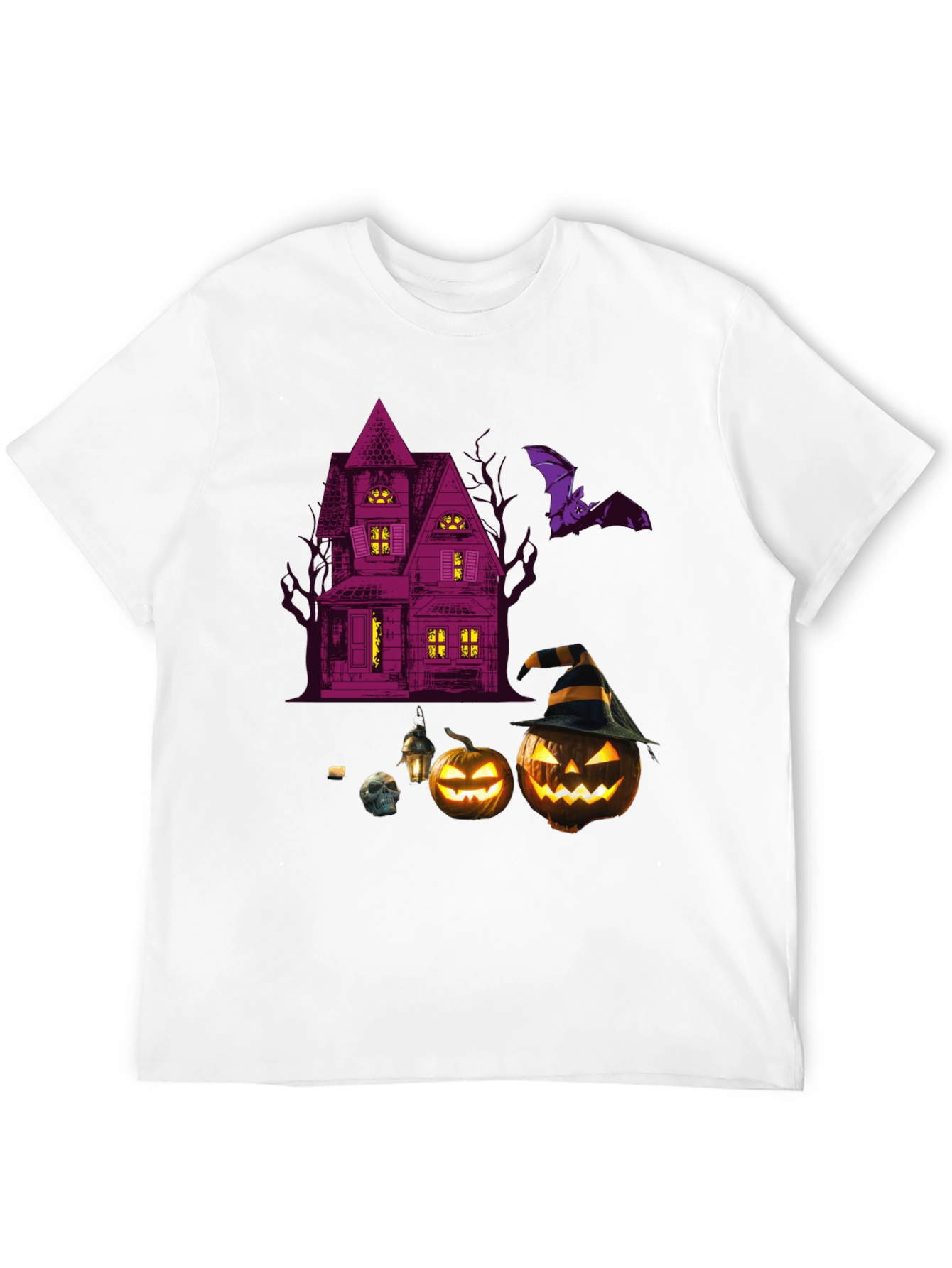 Spooky Halloween Graphic Tee - Haunted House & Pumpkins