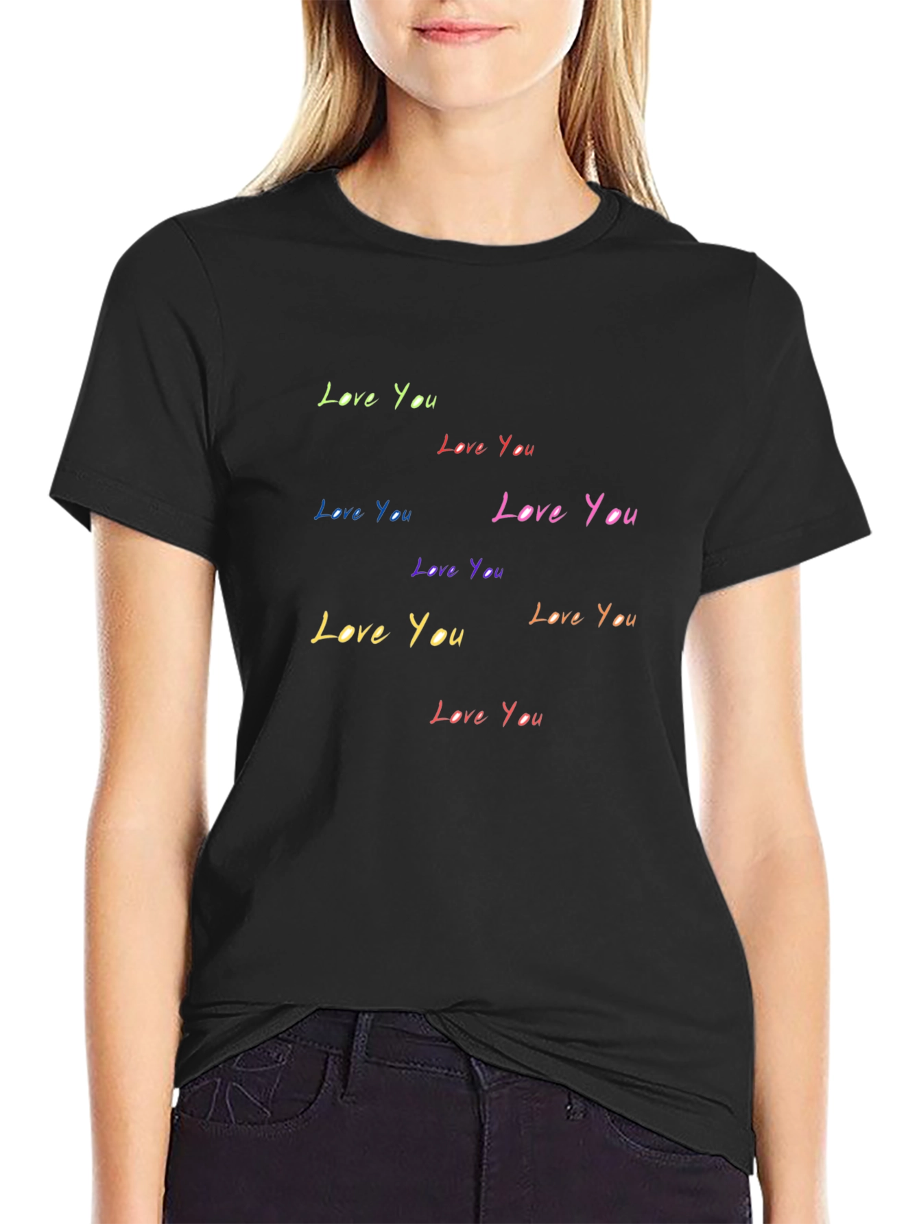 Love You T-Shirt - Rainbow Text Black Tee