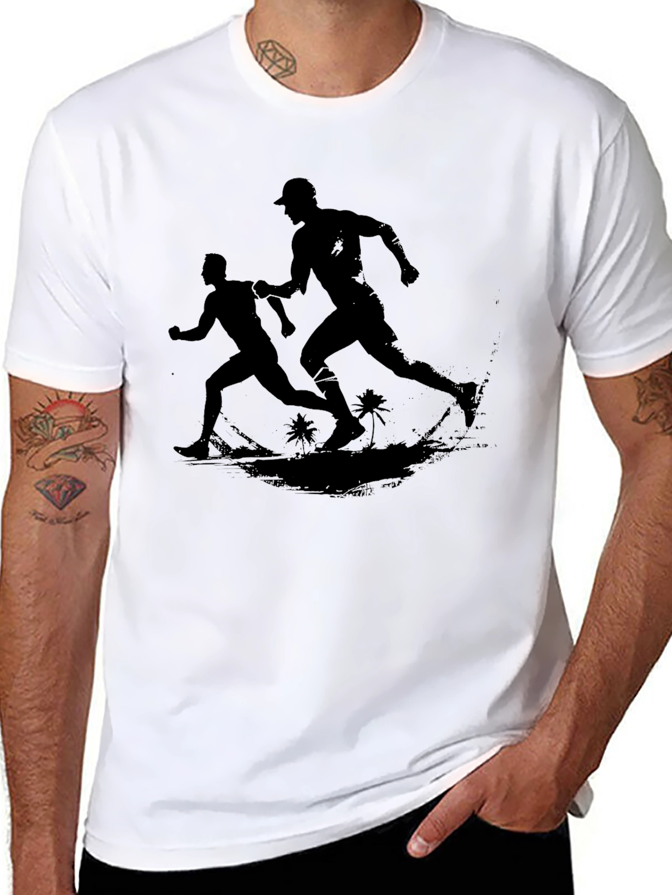 Mens Black Graphic Tee - Runners on Beach