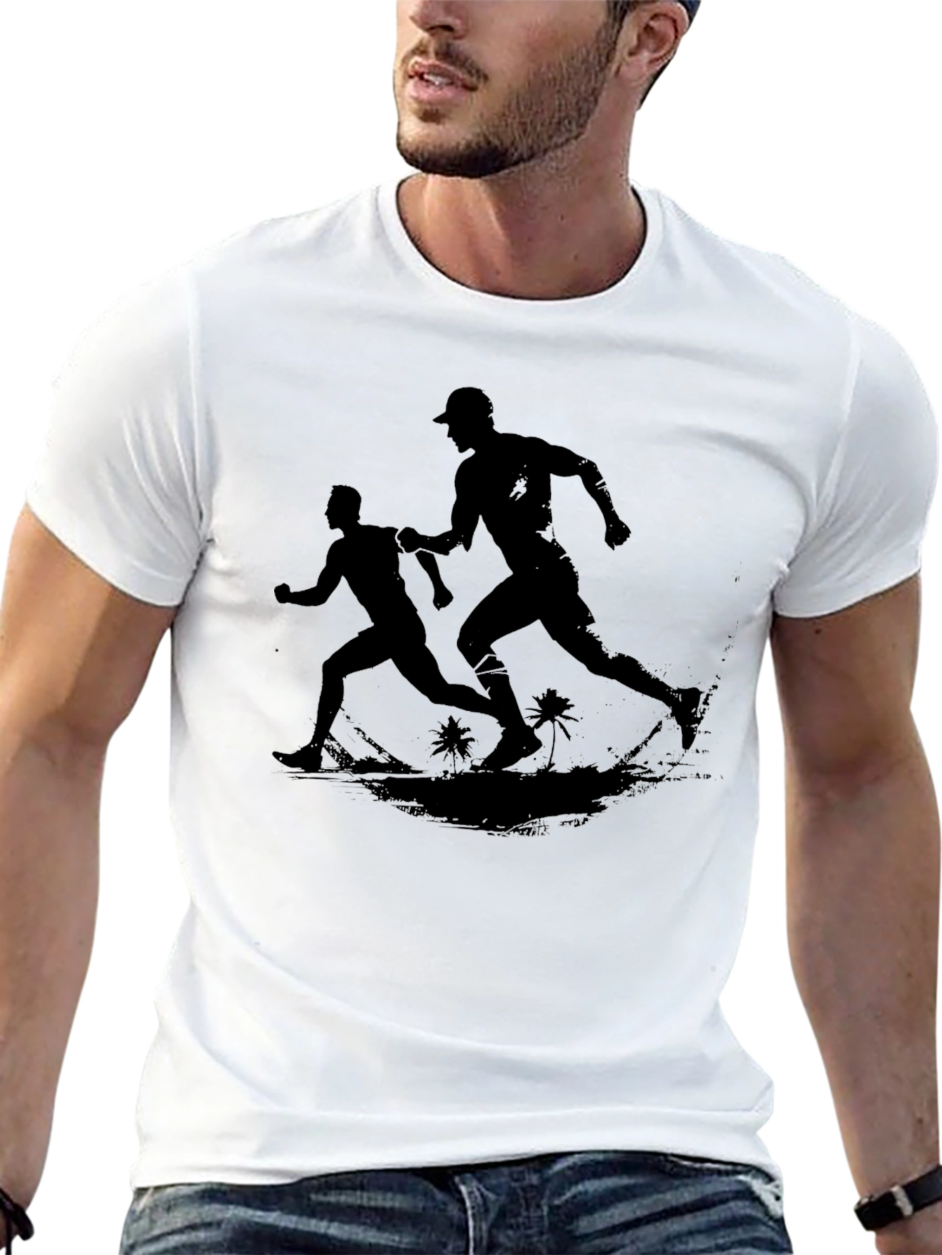 Mens Black Graphic Tee - Runners on Beach