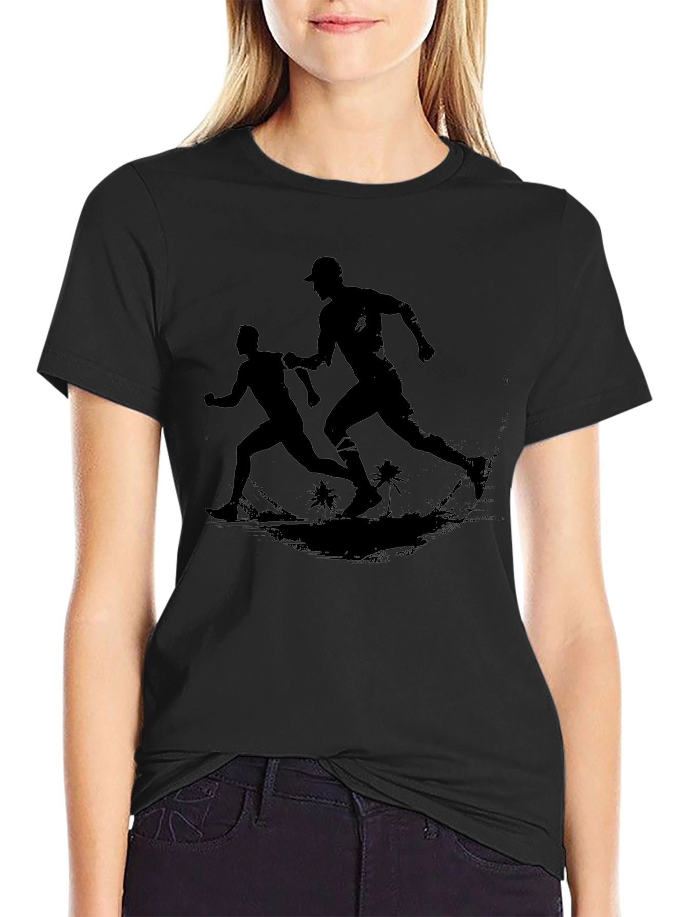 Mens Black Graphic Tee - Runners on Beach