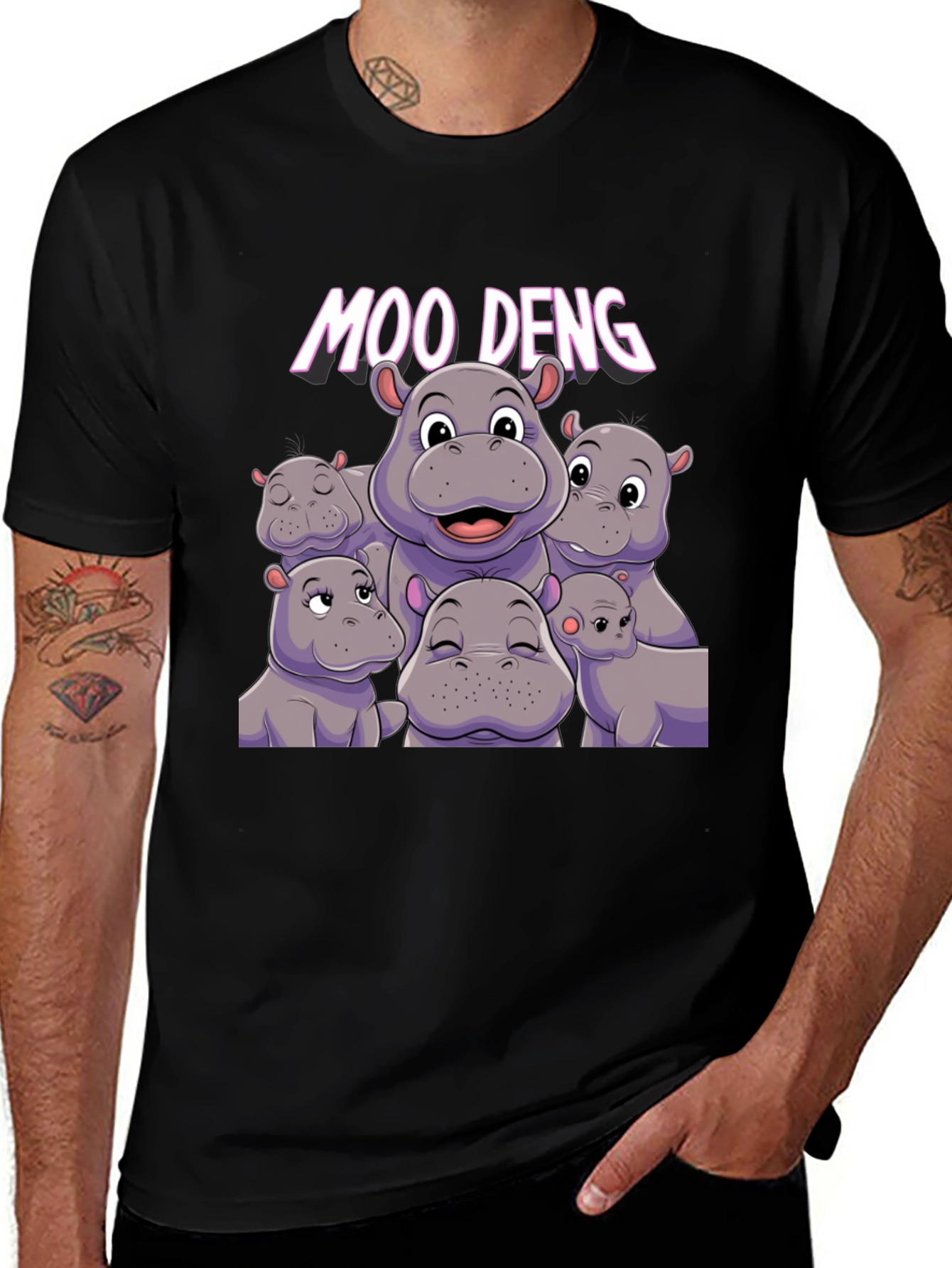 Moo Deng Hippo Graphic Black T-Shirt
