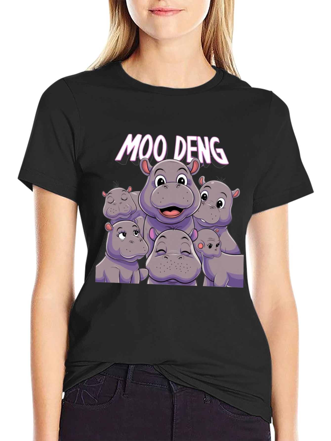 Moo Deng Hippo Graphic Black T-Shirt