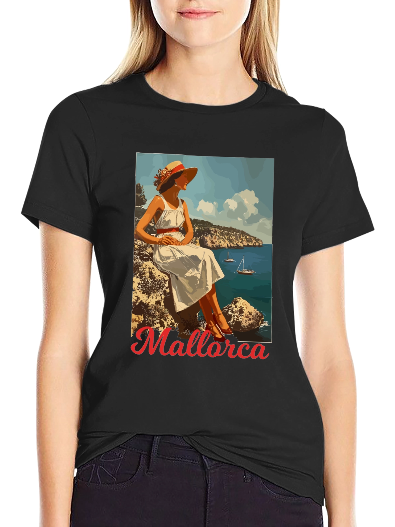Mallorca Retro Graphic Tee - Black Cotton T-Shirt