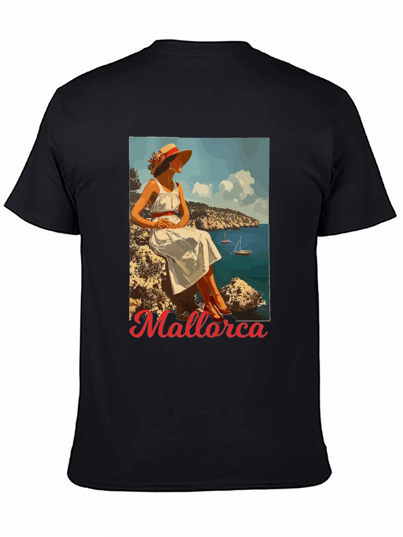 Mallorca Retro Graphic Tee - Black Cotton T-Shirt