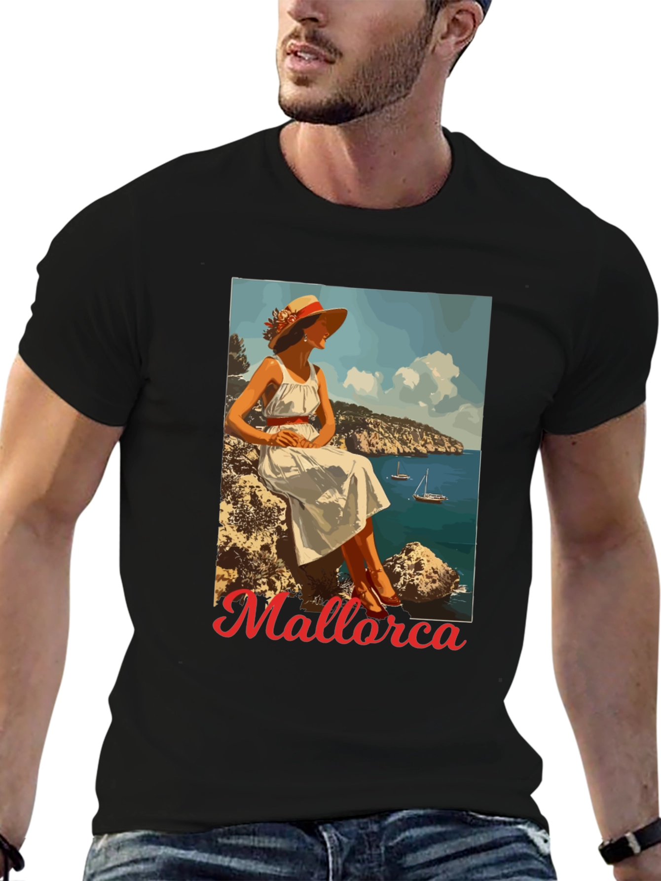 Mallorca Retro Graphic Tee - Black Cotton T-Shirt