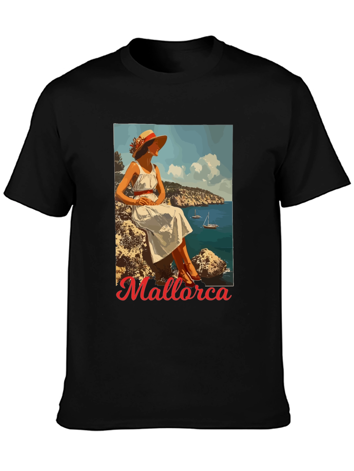 Mallorca Retro Graphic Tee - Black Cotton T-Shirt