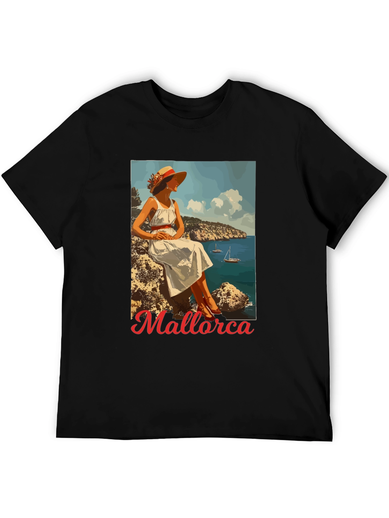 Mallorca Retro Graphic Tee - Black Cotton T-Shirt