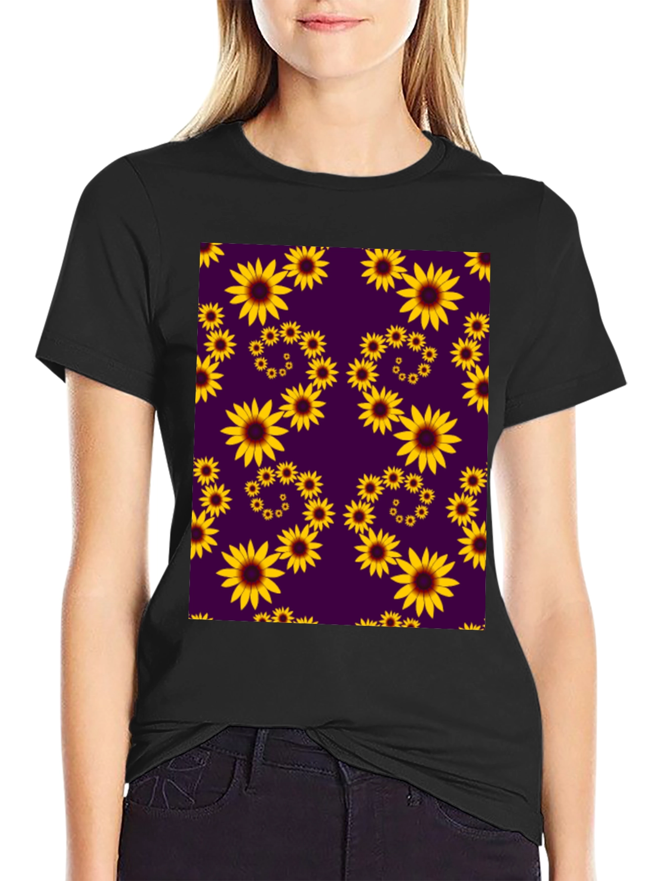 Sunflower Pattern Black T-Shirt