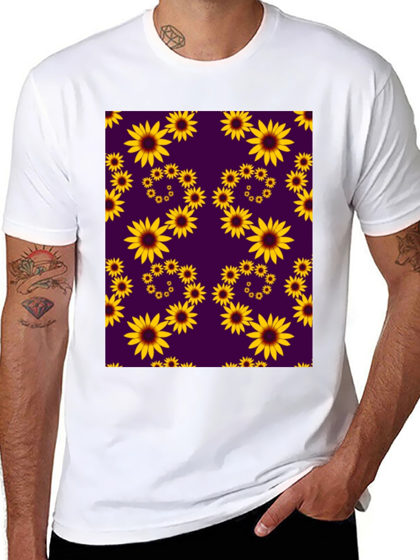 Sunflower Pattern Black T-Shirt