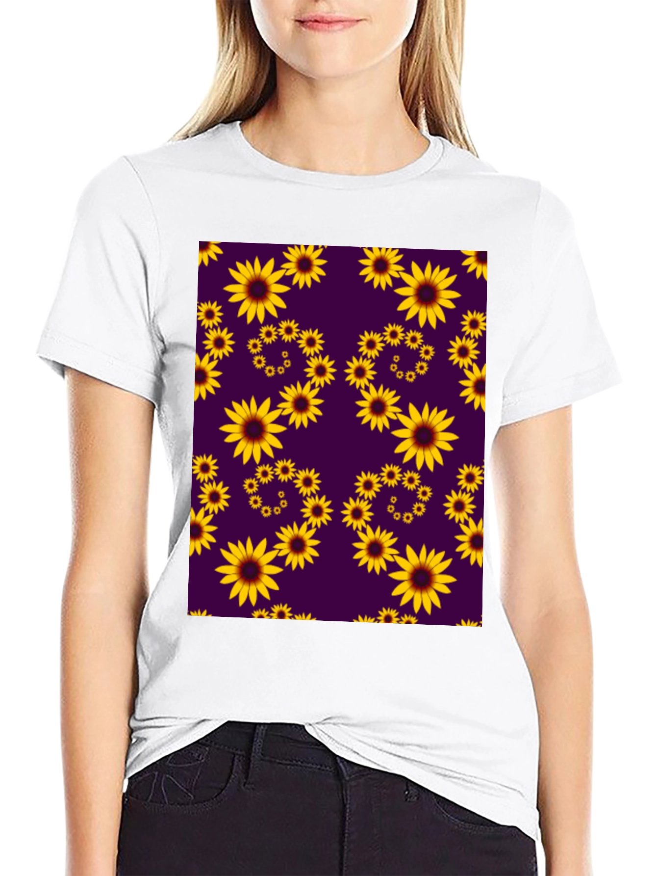 Sunflower Pattern Black T-Shirt