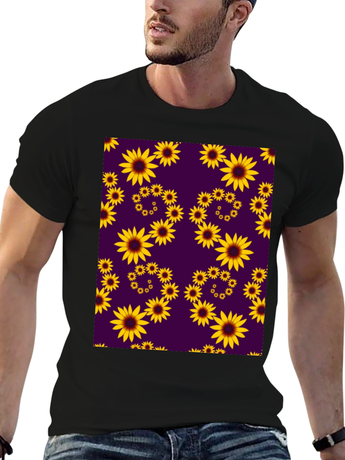 Sunflower Pattern Black T-Shirt