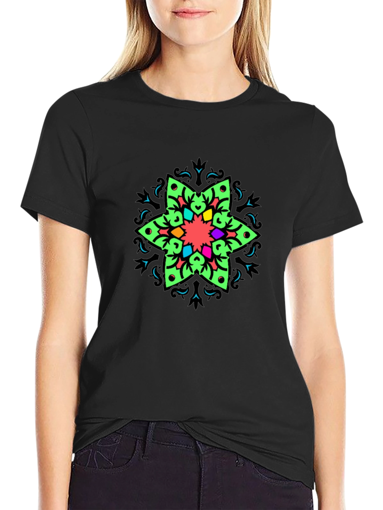 Vibrant Mandala Graphic Print Black T-Shirt