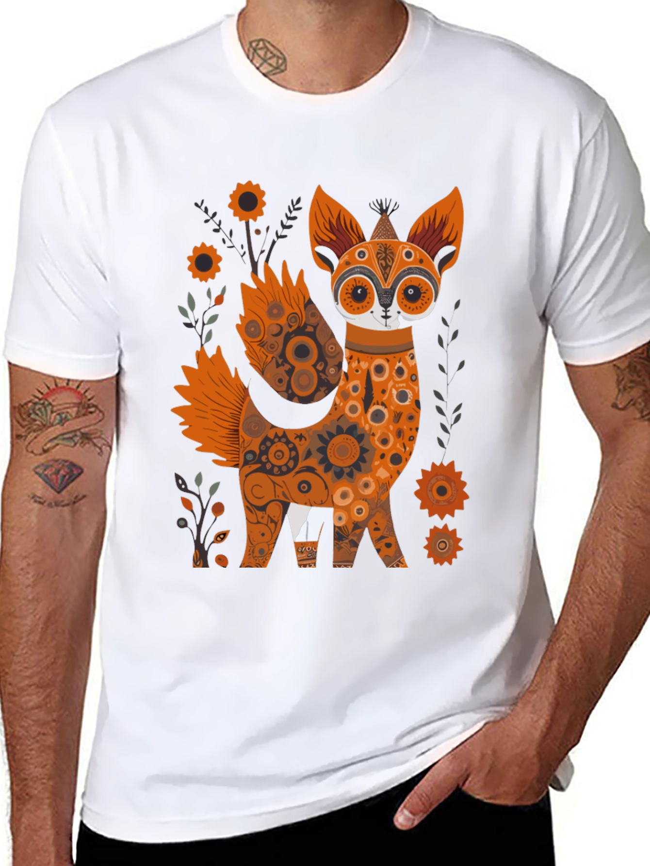 Floral Fox Graphic Black T-Shirt - Unique Design