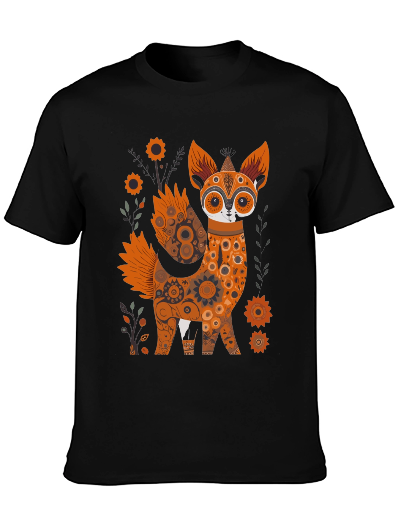 Floral Fox Graphic Black T-Shirt - Unique Design