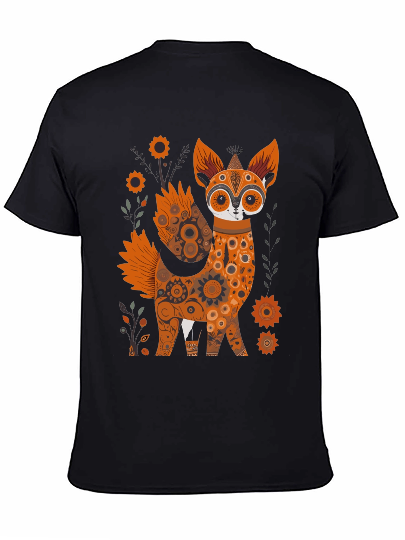 Floral Fox Graphic Black T-Shirt - Unique Design