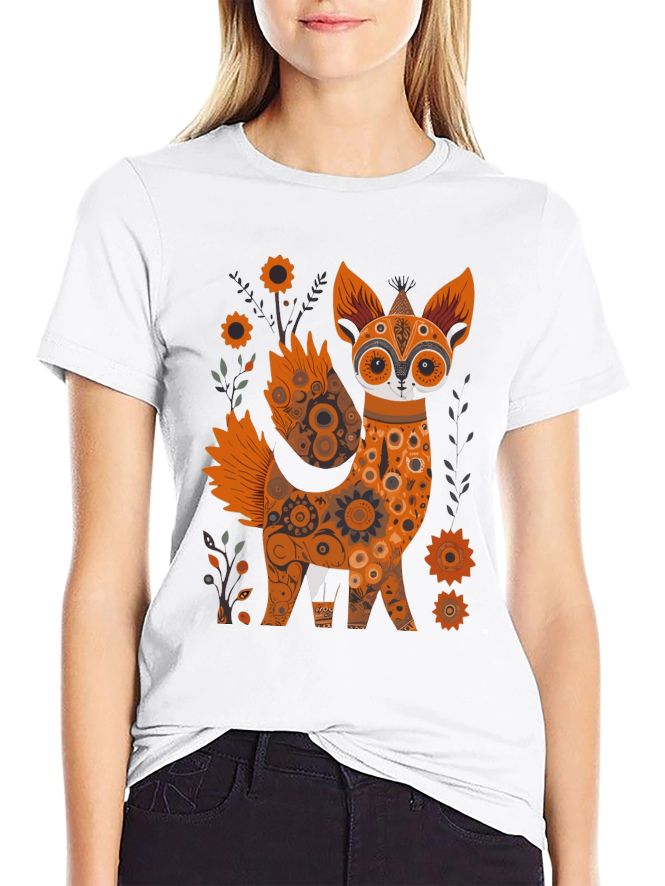 Floral Fox Graphic Black T-Shirt - Unique Design