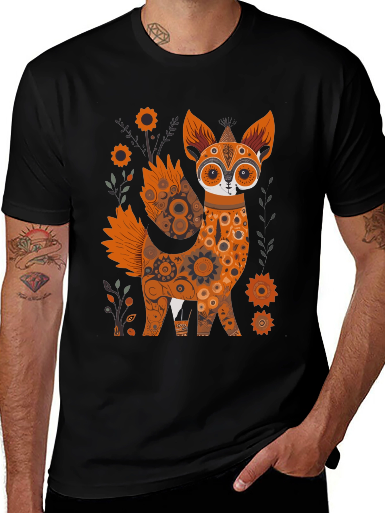 Floral Fox Graphic Black T-Shirt - Unique Design