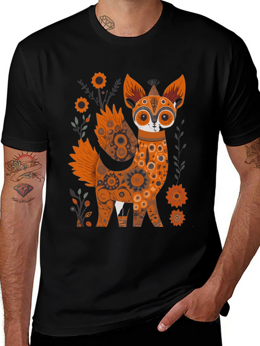 Floral Fox Graphic Black T-Shirt - Unique Design