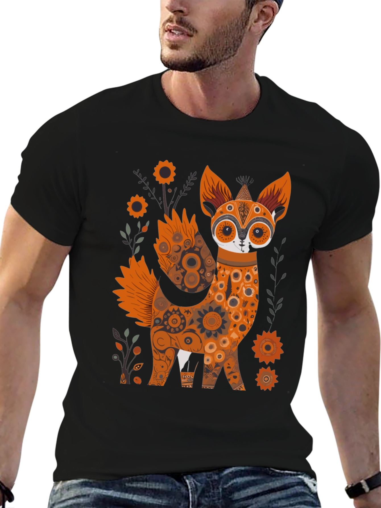 Floral Fox Graphic Black T-Shirt - Unique Design