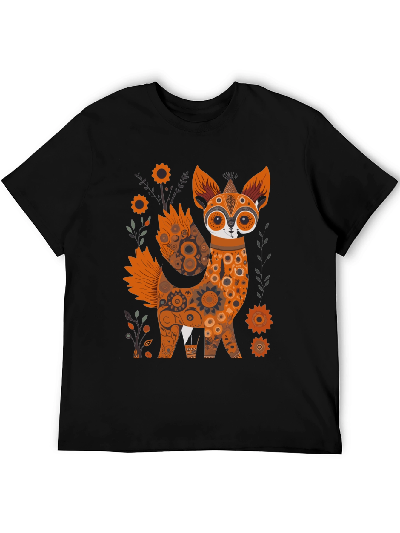 Floral Fox Graphic Black T-Shirt - Unique Design